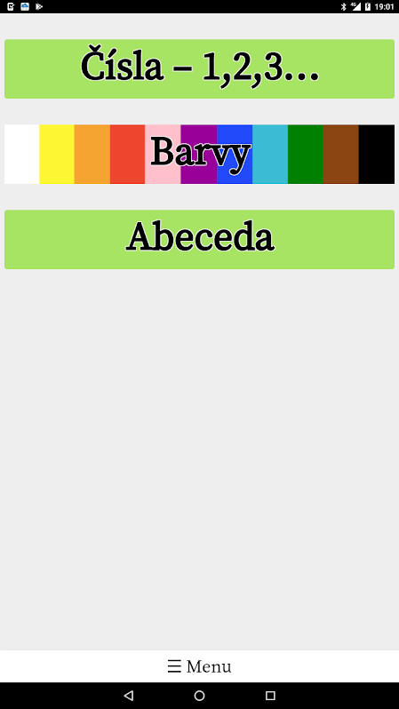 Nabídka sekcí Čísla, Barvy a Abeceda na tabletu na výšku (menší tlačítko menu)